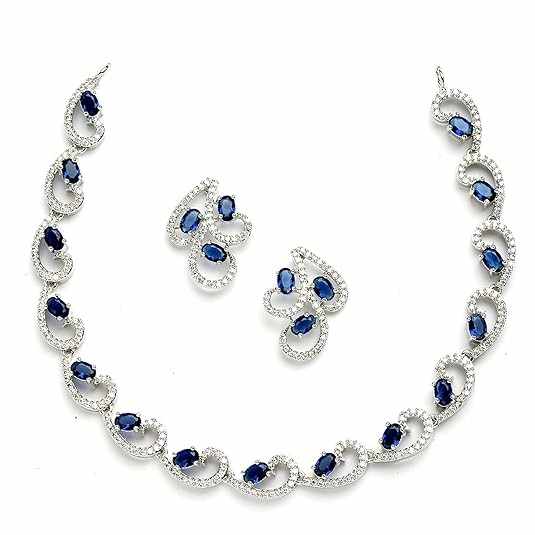 ZENEME Rhodium-Plated with Silver-Toned White Cubic Zirconia & American Diamond studded Necklace and Drop Earrings Jewellery Set for women